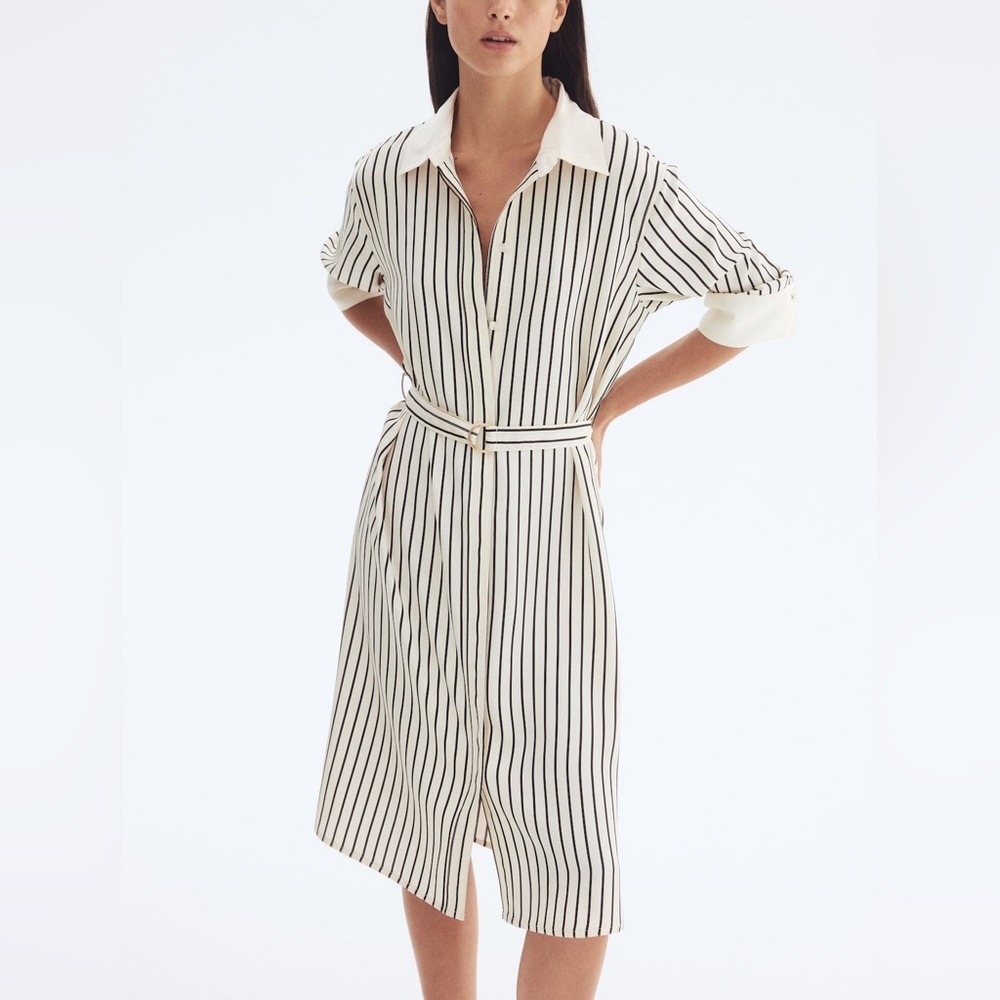 H&M cream striped shirt dress with belt size XS